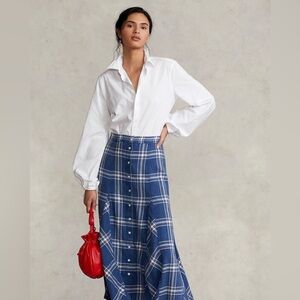 Polo Ralph Lauren Wesley Button-Front Twill Midi Skirt 100% Cotton Plaid Size 6